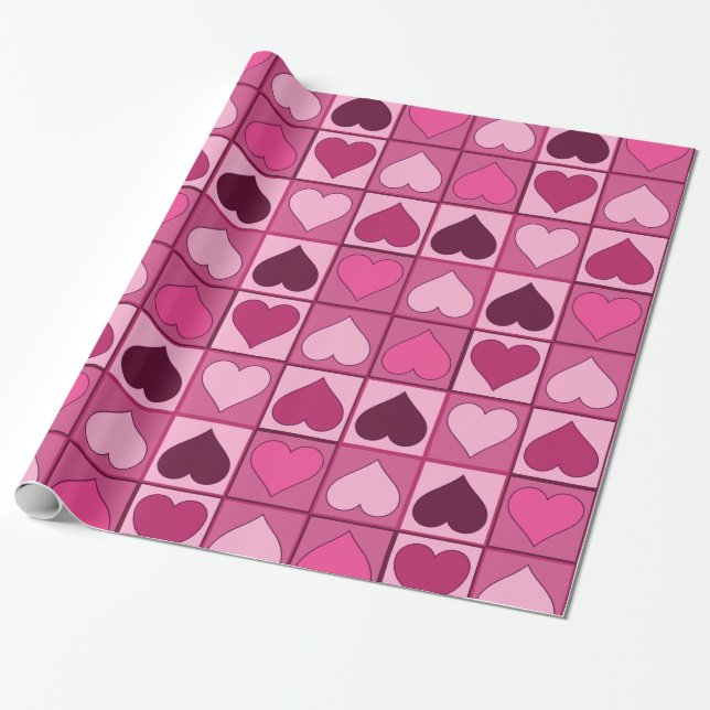 Romantiska rosa hjärtor upp och ner presentpapper (Utrullad)