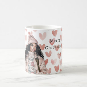 Romantiska rosa julhjärtan svart flicka kaffemugg