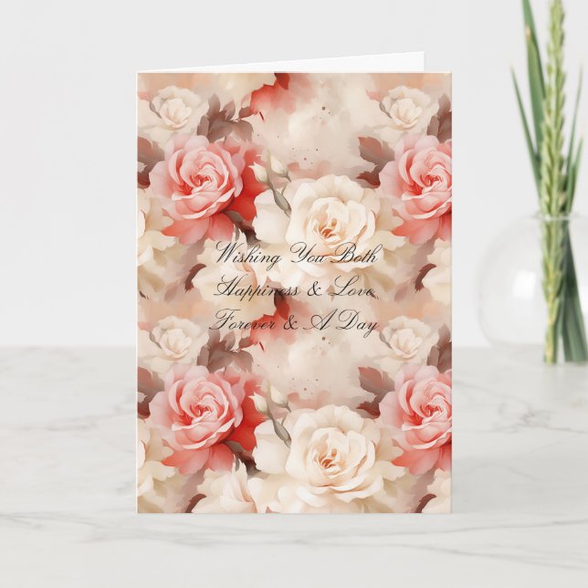 Romantiska rosa krämfärgade rosor blomsterbröllop kort (Framsida)