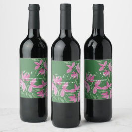 Romantiska rosa och gröna vilda blommor akvarellko vinflaska etikett