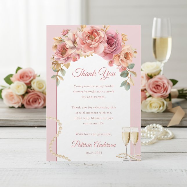 Romantiska rosa pärlor och Prosecco bröllopsfest Tack Kort (Skapare uppladdad)