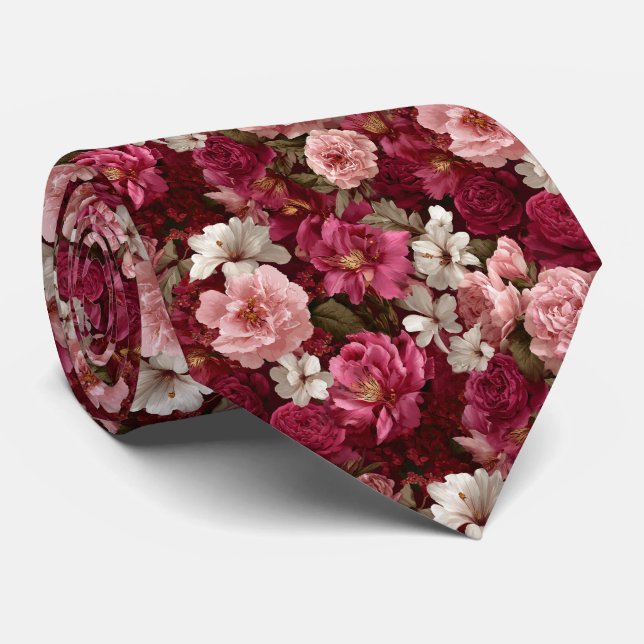 Romantiska rosa peonior och rosor blomsterbröllop slips (Rullad)