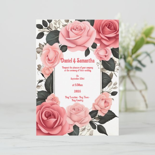 Romantiska Rosa Ros Bröllopsinbjudningar Inbjudningar (Stående Fram)