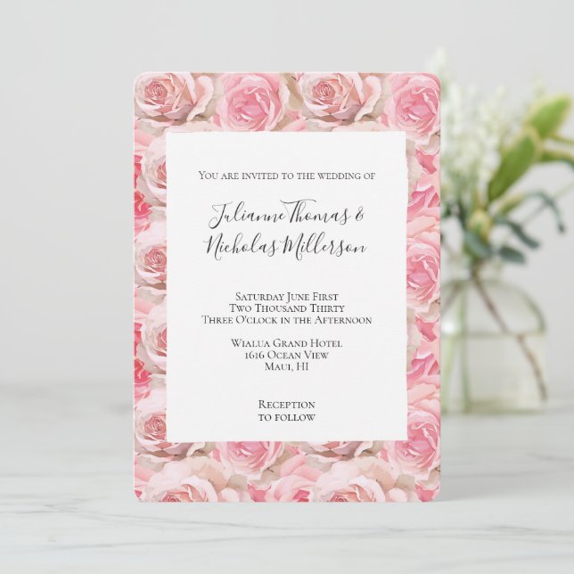 Romantiska rosa rosor blommande bröllop inbjudningar (Stående Fram)