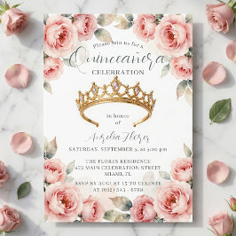 Romantiska Rosa Rosor Guld Tiara Quinceanera Inbjudningar