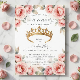 Romantiska Rosa Rosor Guld Tiara Quinceanera Inbjudningar