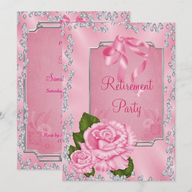 Romantiska rosa rosor & slinga pensionering inbjudningar (Fram/baksida)