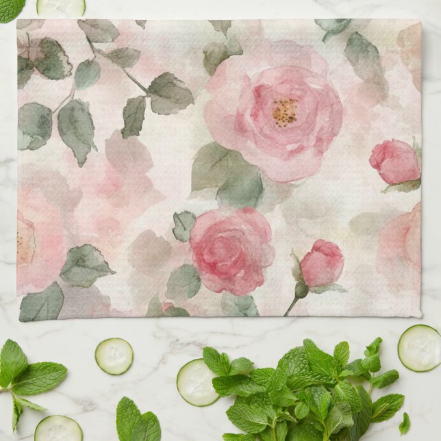 Romantiska rosablommor i rosa  kökshandduk (Vikta)