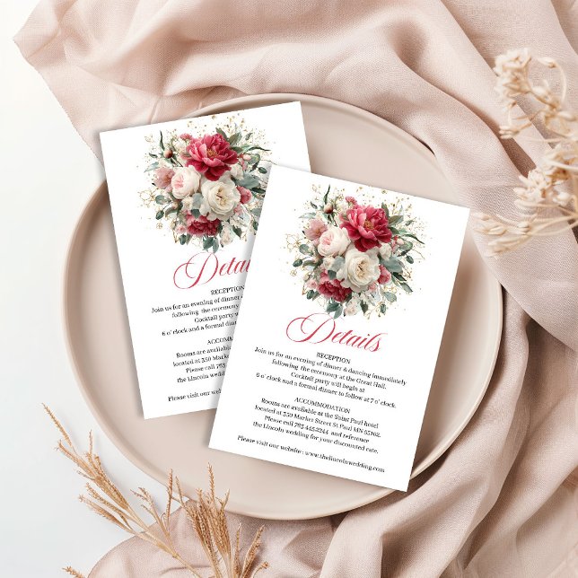 Romantiska Rosafärgade Burgunderröda Blommiga Bröl Tilläggskort (Romantic Blush Burgundy Floral Wedding Details)