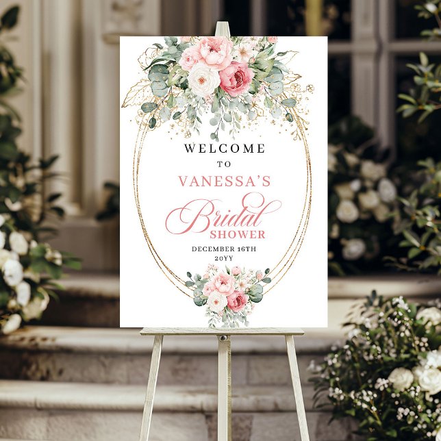 Romantiska rosafärgade rosor guld boho bröllopsdus poster (Romantic blush roses gold boho bridal shower welcome sign

)