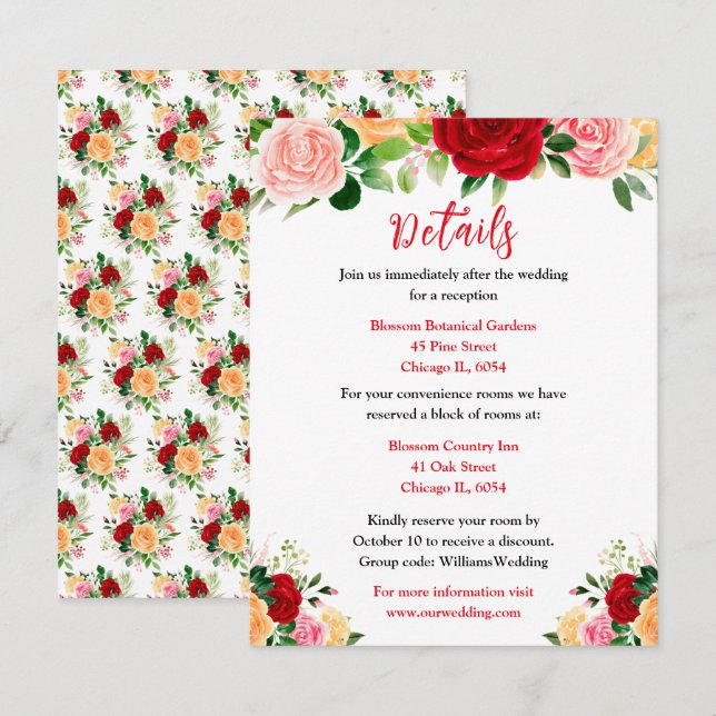 Romantiska rosor Blommig bröllopsdetalj Tilläggskort (Fram/baksida)