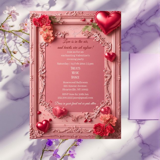 Romantiska Rosor Röda Hjärtan Rustik Valentinsfest Inbjudningar (Romantic Roses Red Hearts Rustic Valentine Party Invitation)