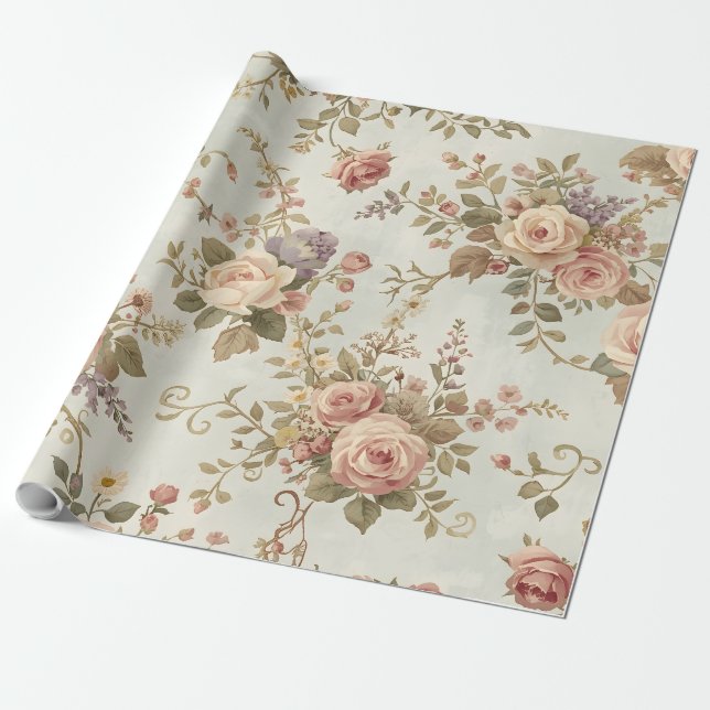 Romantiska Rosor & Vilda Blommor Antik Krans Presentpapper (Utrullad)