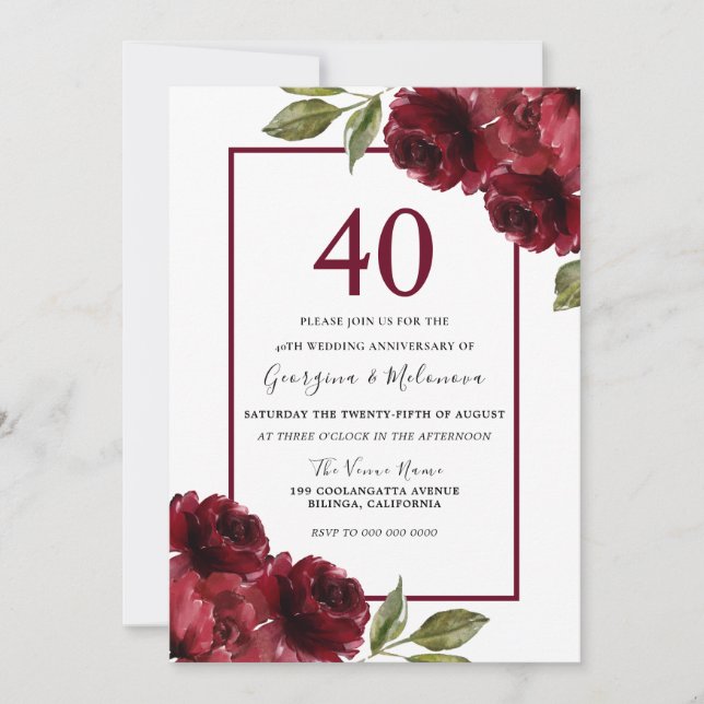 Romantiska rubinröda rosor 40-års bröllopsjubileum inbjudningar (Framsida)
