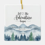 Romantiska Rustic Watercolor Mountains Träd Bröllo Julgransprydnad Keramik<br><div class="desc">Lush-vattenfärgen i blues and grönts bergsskog tog bröllop som prydnadsämne för dina bröllop-minnen. Låt äventyr börja!</div>