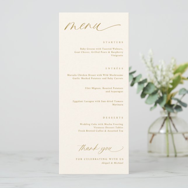 Romantiska Script Cream och Guld Bröllopsmenyer Meny (Stående Fram)