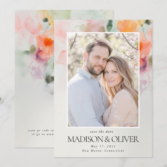 Romantiska Sommarblommor QR-kod Foto Bröllop Spara Datumet (Fram/baksida)