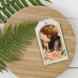 Romantiska söta persiko blomsterbåge foto bröllop presentetikett