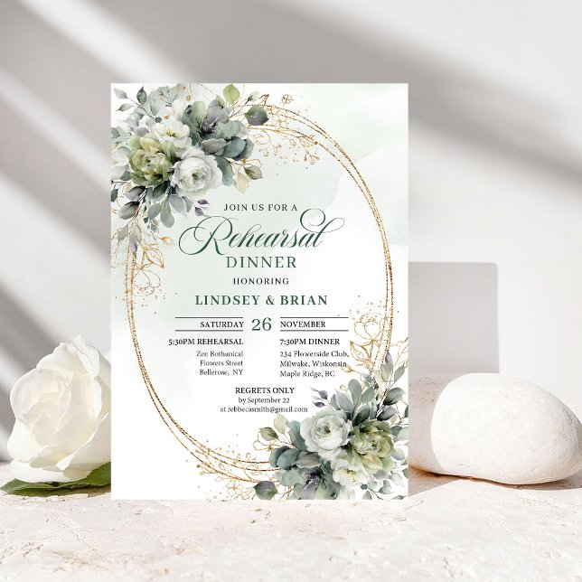 Romantiska stämningar för repetitionsmiddag Waterc Inbjudningar (Romantic Vibes Rehearsal Dinner Watercolor Boho Green)