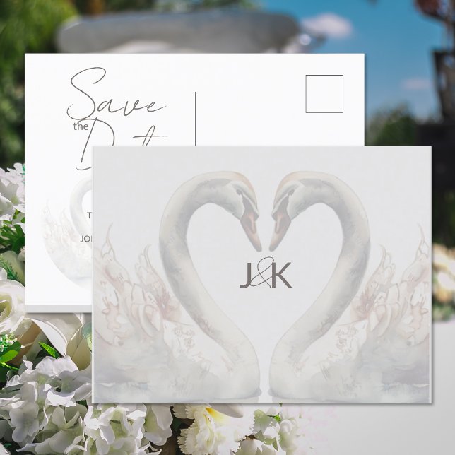 Romantiska svanar bröllop spara datum postkort meddelande vykort (Romantic Swans Wedding Save the Date Postcard (front and back))