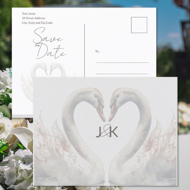Romantiska svanar bröllop sparar datum vykort (Romantic Swans Wedding Save the Date Postcard (front and back))