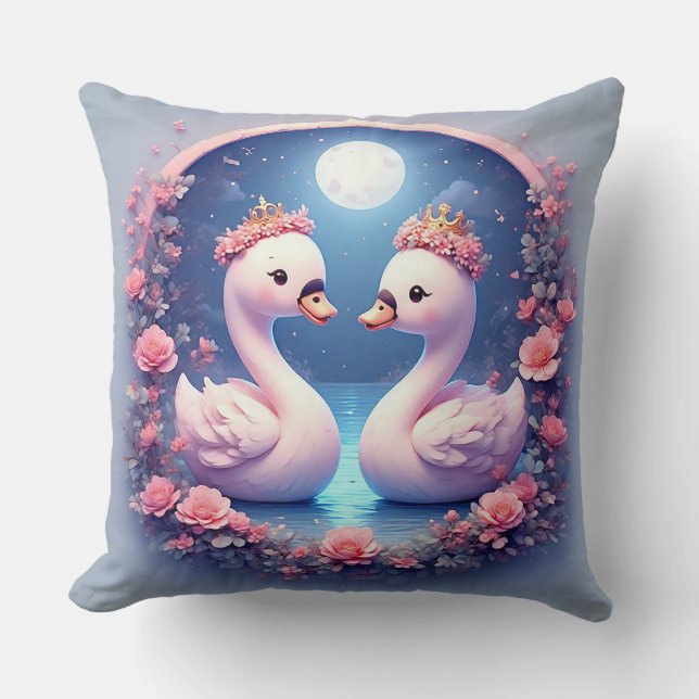 Romantiska svanar dekorerade med blommor kudde (Framsida)