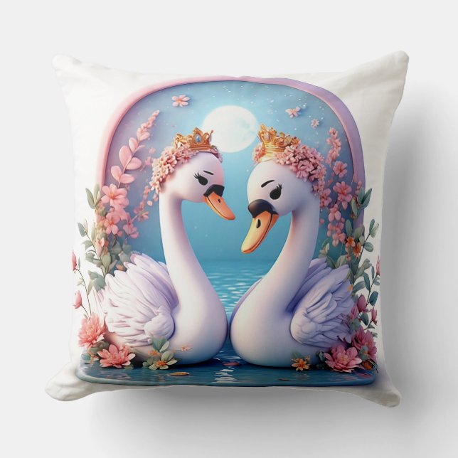 Romantiska svanar dekorerade med blommor kudde (Framsida)