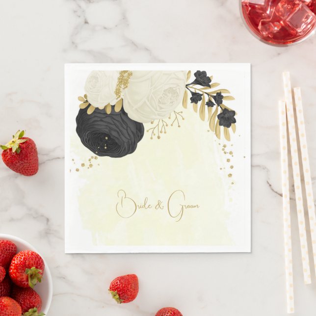 Romantiska svarta och vita blommor guld bröllop na pappersservett (Insitu)