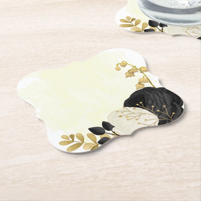Romantiska svarta & vita blommor guld underlägg papper (Vinklad)