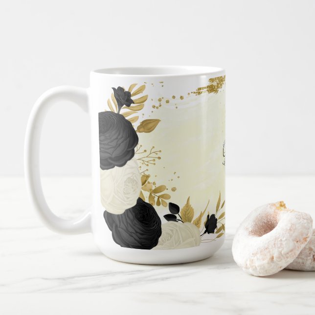 Romantiska svarta & vita blommor guldbröllop kaffemugg (Med munk)
