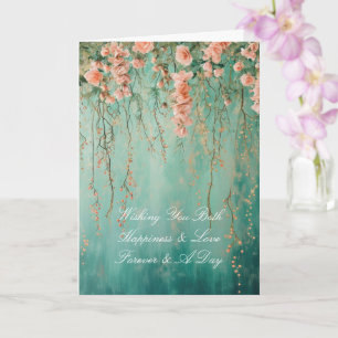Romantiska Teal Röda Blommor Bröllop Kort