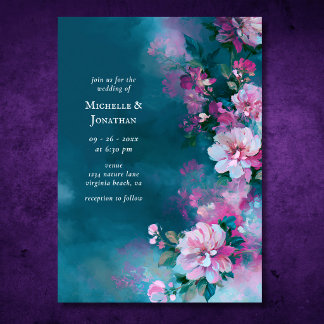 Romantiska Teal Rosa Blommor | Blommig Bröllop Inbjudningar