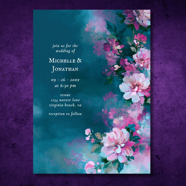 Romantiska Teal Rosa Blommor | Blommig Bröllop Inbjudningar (Romantic Teal Pink Flowers  Floral Wedding Invitation Front)