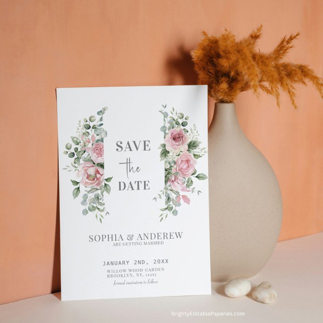 Romantiska Tidlösa Pioner Eukalyptus Bröllop Spara Datumet (Announce your love in style with our Romantic Peonies Eucalyptus Save the Date )