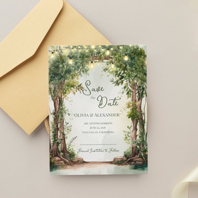 Romantiska trädgårdsljus kedja spara datum meddelande (Romantic Garden String Lights Save the Date | Enchanted Outdoor Wedding Announcement)