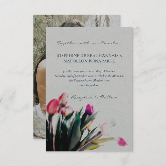 Romantiska tulpaner, vattenfärg med foto bröllop inbjudningar (Fram/baksida)