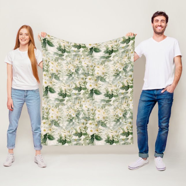 Romantiska utjämnade vita blommor och Grönt Löv Fleecefilt (På plats)