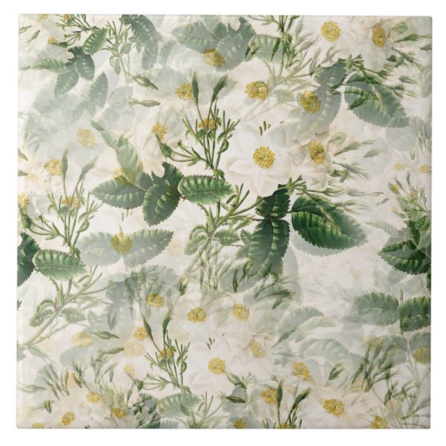 Romantiska utjämnade vita blommor och Grönt Löv Kakelplatta (Framsidan)