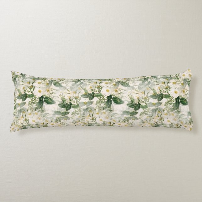 Romantiska utjämnade vita blommor och Grönt Löv Kroppskudde (Framsidan)