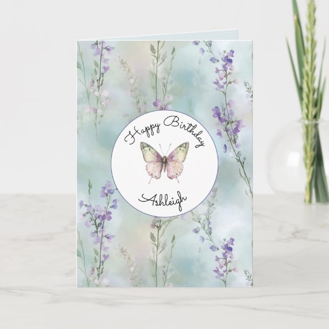 Romantiska vackra lila blommor födelsedag kort (Framsida)