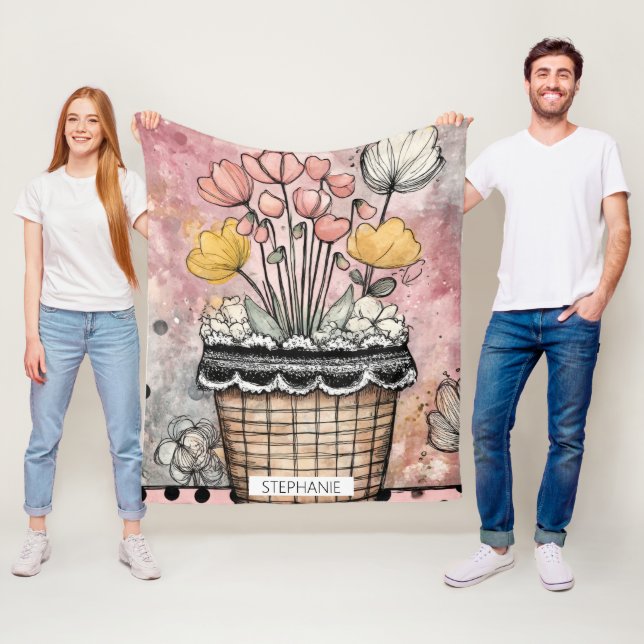 Romantiska vårblommor i rosa och guld fleecefilt (På plats)
