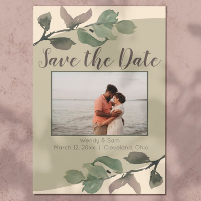 Romantiska vattenfärgen Löv Bröllop spara datum Spara Datumet (Romantic & sweet, this sage & cream watercolor leaf save the date is a great start to your wedding!)