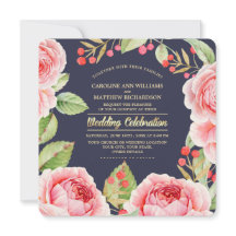 Romantiska vattenfärger Blommor, marinblå Bröllop