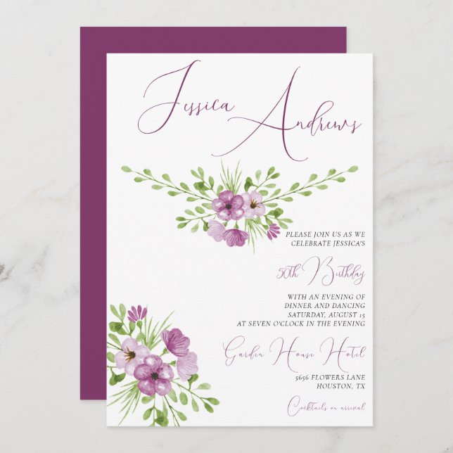 Romantiska vattenfärgsblommor 50:e födelsedagen inbjudningar (Fram/baksida)