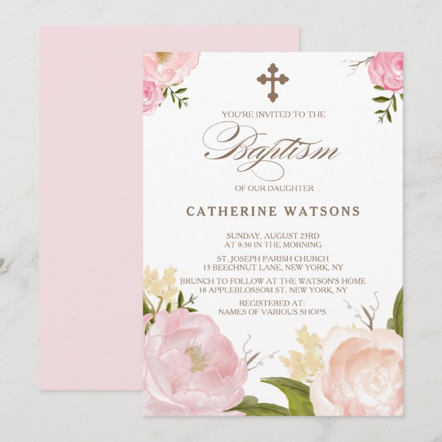 Romantiska vattenfärgsblommor och Kor-baptism Inbjudningar (Fram/baksida)