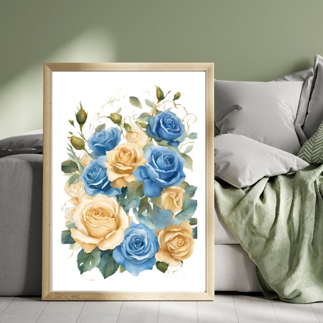 Romantiska vattenfärgsfärger i guld och blå Ro Pos Poster (Gold and Blue Roses Romantic Watercolor Poster)