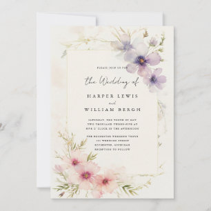 Romantiska vattenfärgskosmos blommor qr kod bröllo inbjudningar
