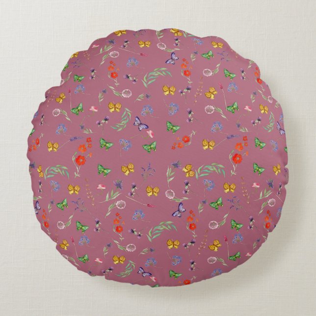 Romantiska vilda blommor mönstrade rund kudde (Framsidan)