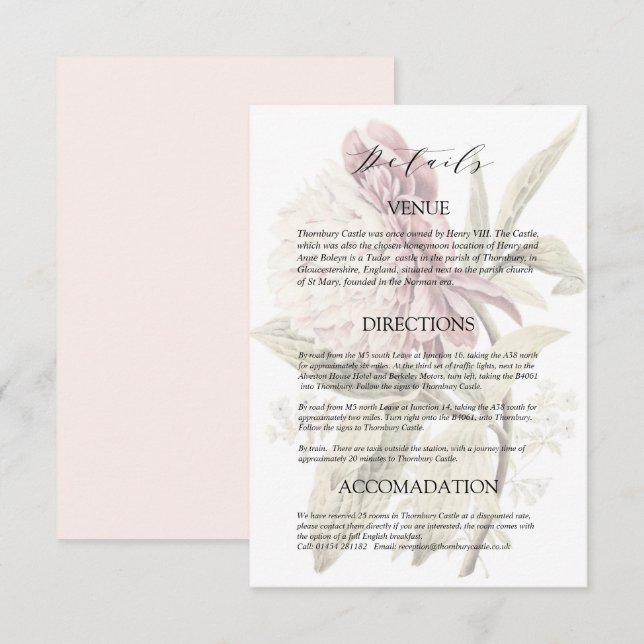 Romantiska Vintage Peony Bröllopsdetaljer Tilläggskort (Fram/baksida)