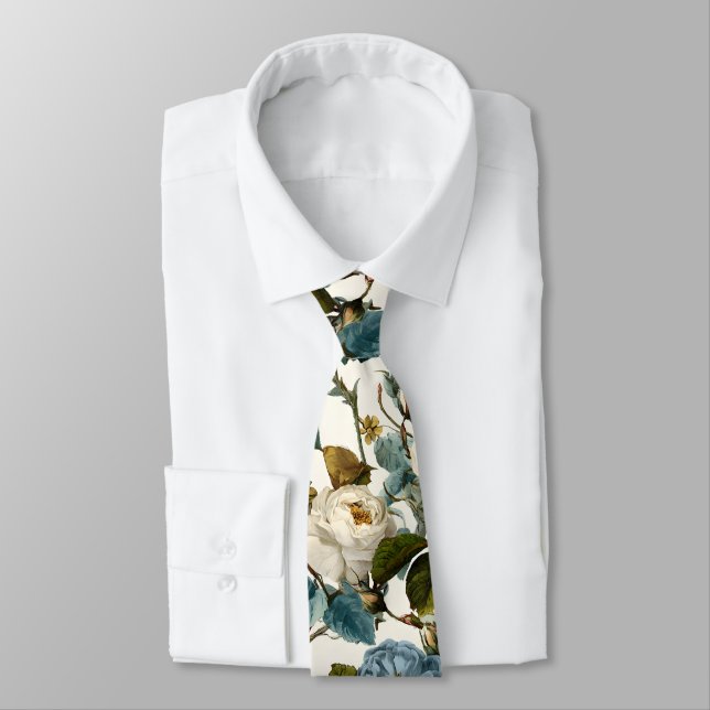 Romantiska Vintage Rosor Vita Blå  Slips (Bunden)